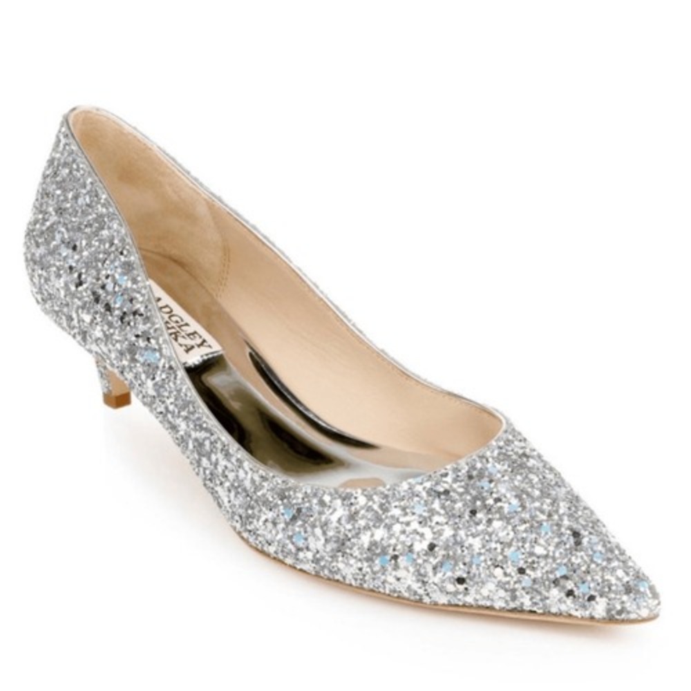Badgley Mischka Silver Glitter Pointed Toe Kitten Heel Pumps Womens Size 9